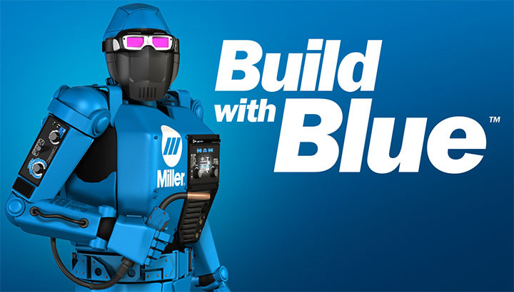 Blue background with the words Build With Blue on it and a photo of a blue robot with welding helmet on