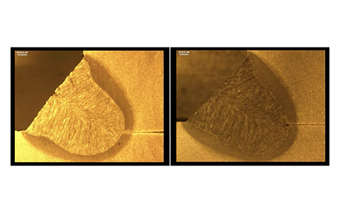 Image of a weld created with metal-cored wire on the left compared to an image of a weld created by solid wire on the right