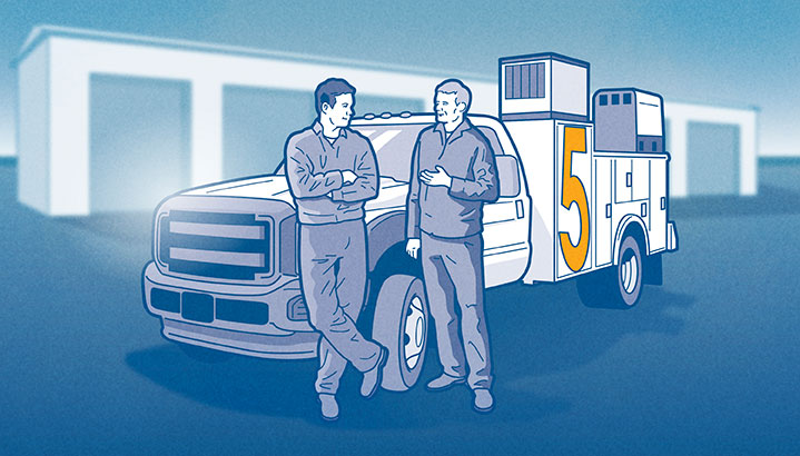 Illustration depicting work truck fleet managers have discussion in yard