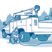 Illustration of a technician airing up tires on a service truck with a crane