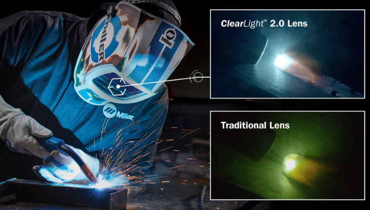 Closeup comparison images of two welding arcs, one labeled ClearLight™ Lens and the other labeled ClearLight™ 2.0 Lens.