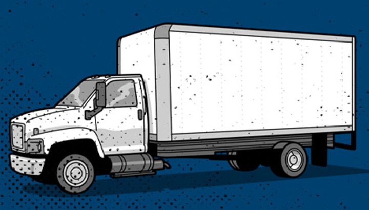 Blue and white graphic illustration of an enclosed body truck