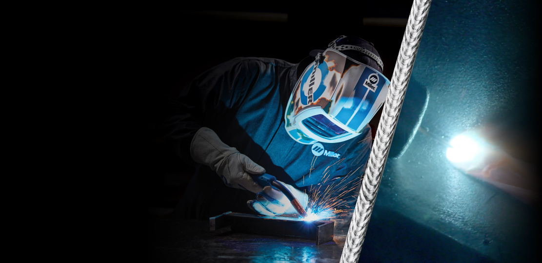 A person MIG welding, wearing a ClearLight 2.0 welding helmet. A closeup of a weld through the lens of a ClearLight 2.0 welding helmet.