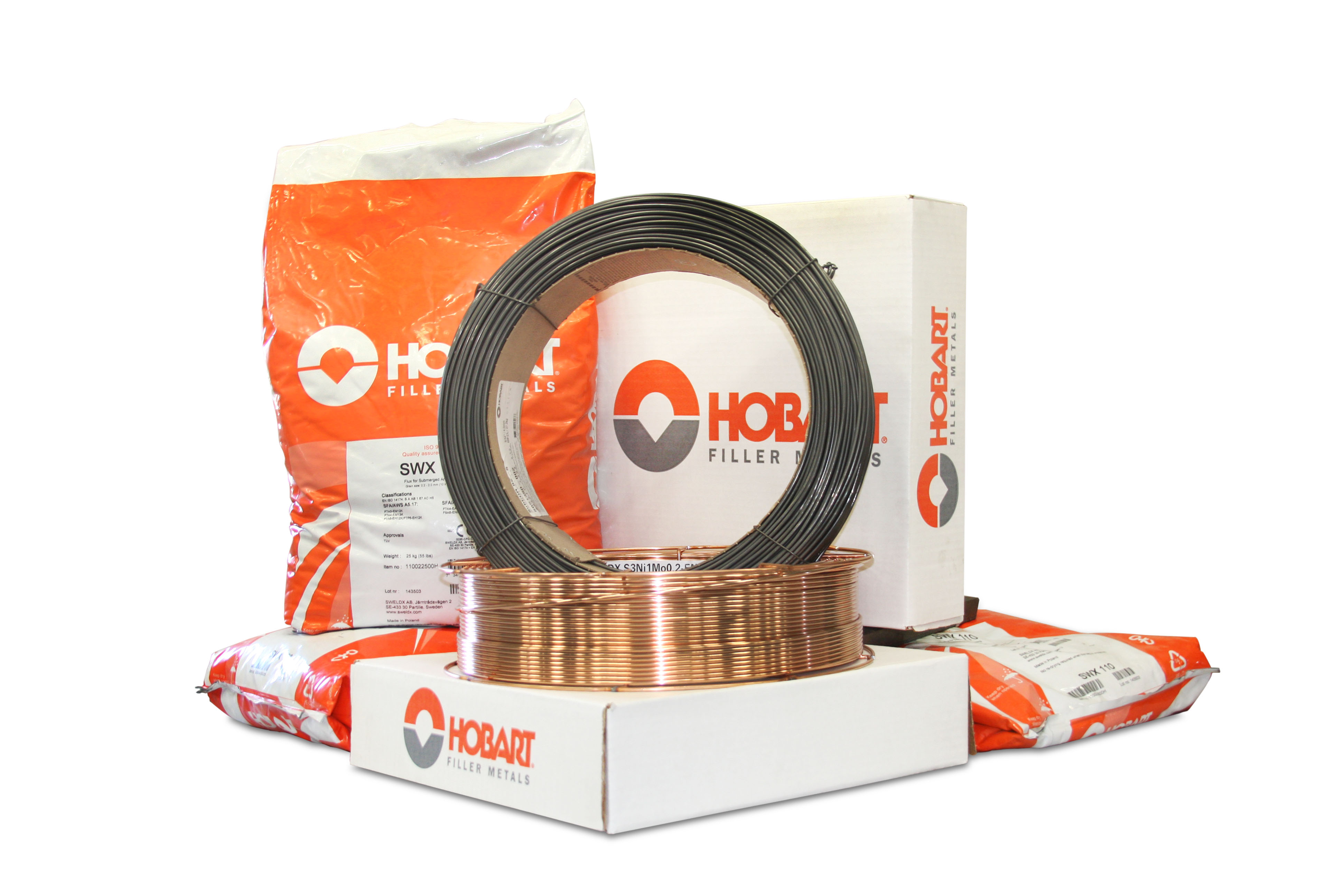 Hobart Submerged arc welding wires and flux in and out of it's packaging.