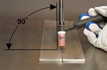Welder and graphic demonstrating a 90-degree torch angle for a butt TIG weld