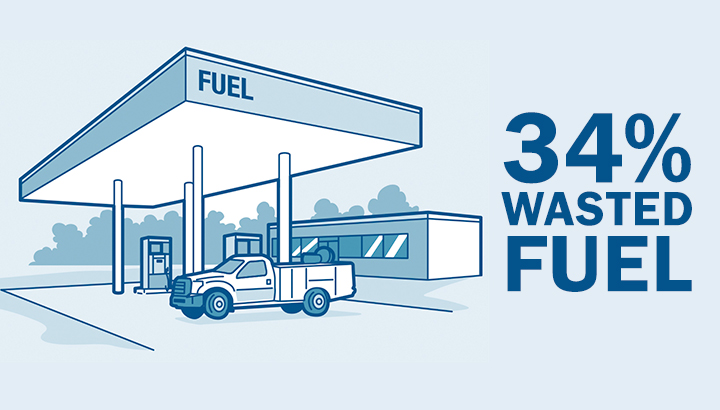 Illustration of truck at a gas station with text that reads 34% wasted fuel