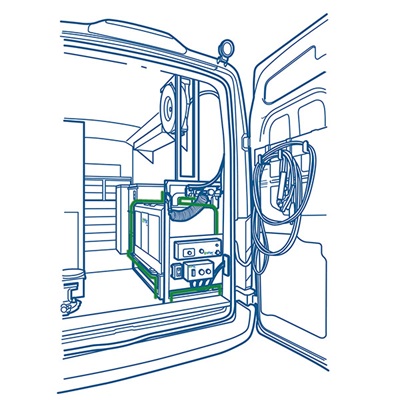 Graphic illustration of the back of an enclosed service truck with an all-in-one power system