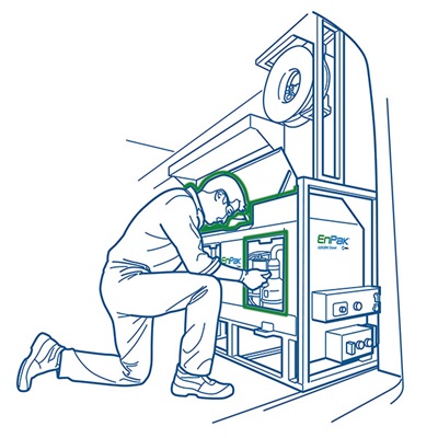 Graphic illustration of a technician servicing an EnPak all-in-one system
