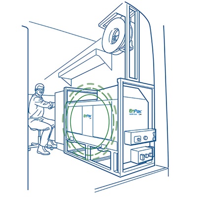 Graphic illustration of a technician working in the back of a truck next to an EnPak power system