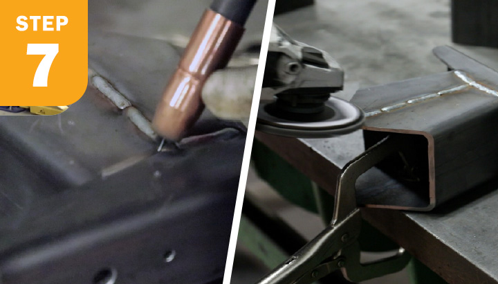 (image 1) Welder welding the seams of the bird feeder. (image 2) Welder grinding down the seams.