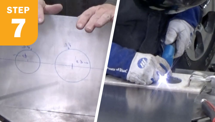 Welder showing the holes drawn on the aluminum sheet to cut out./ Welder using a plasma cutter to cut holes out using a template.