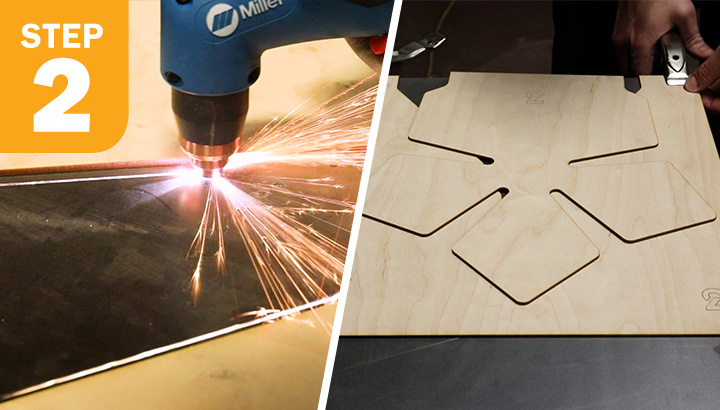 split screen showing clamping wood pattern pieces to metal and close-up of plasma cutting pattern into metal