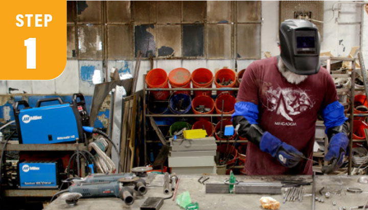 step 1: a welder wearing a mask and gloves
