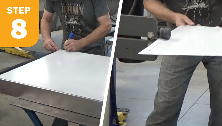 Drawing notches in the bottom corner of the panel / Operator putting panel through bead roller.