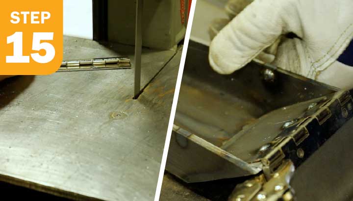 (1st pic) Welder cutting a hinge. (2nd pic) Welder tack welding the hinge in place.