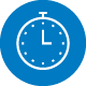 White illustration of a clock inside of a blue circle