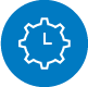 White illustration of a gear inside of a blue circle