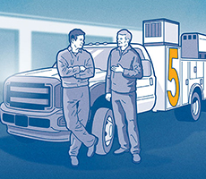 Illustration of two people standing by a work truck