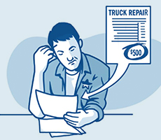 Illustration of a person with a frustrated expression looking at a truck repair bill