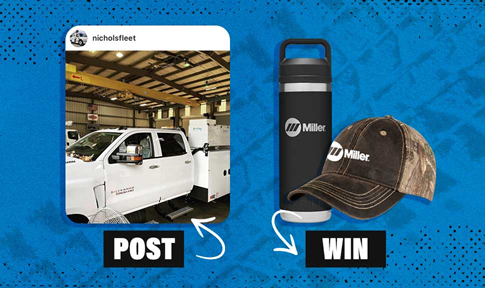 A graphic of an Instagram post featuring a work truck next to Miller swag