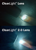  Closeup comparison images of two welding arcs, one labeled ClearLight™ Lens and the other labeled ClearLight™ 2.0 Lens.