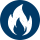 A white icon of a flame inside of a blue circle