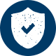 A white icon of a shield with a check mark inside of a blue circle