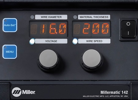 Millermatic 142 user interface showing MIG welding process parameters.