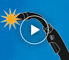 Video play icon over an illustration of a MIG gun
