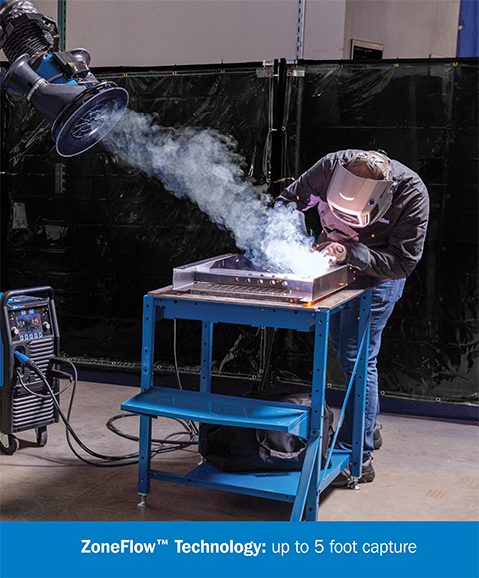 Person welding with ZoneFlow™ Technology. Text on the image reads: "ZoneFlow™ Technology: up to 5 foot capture"