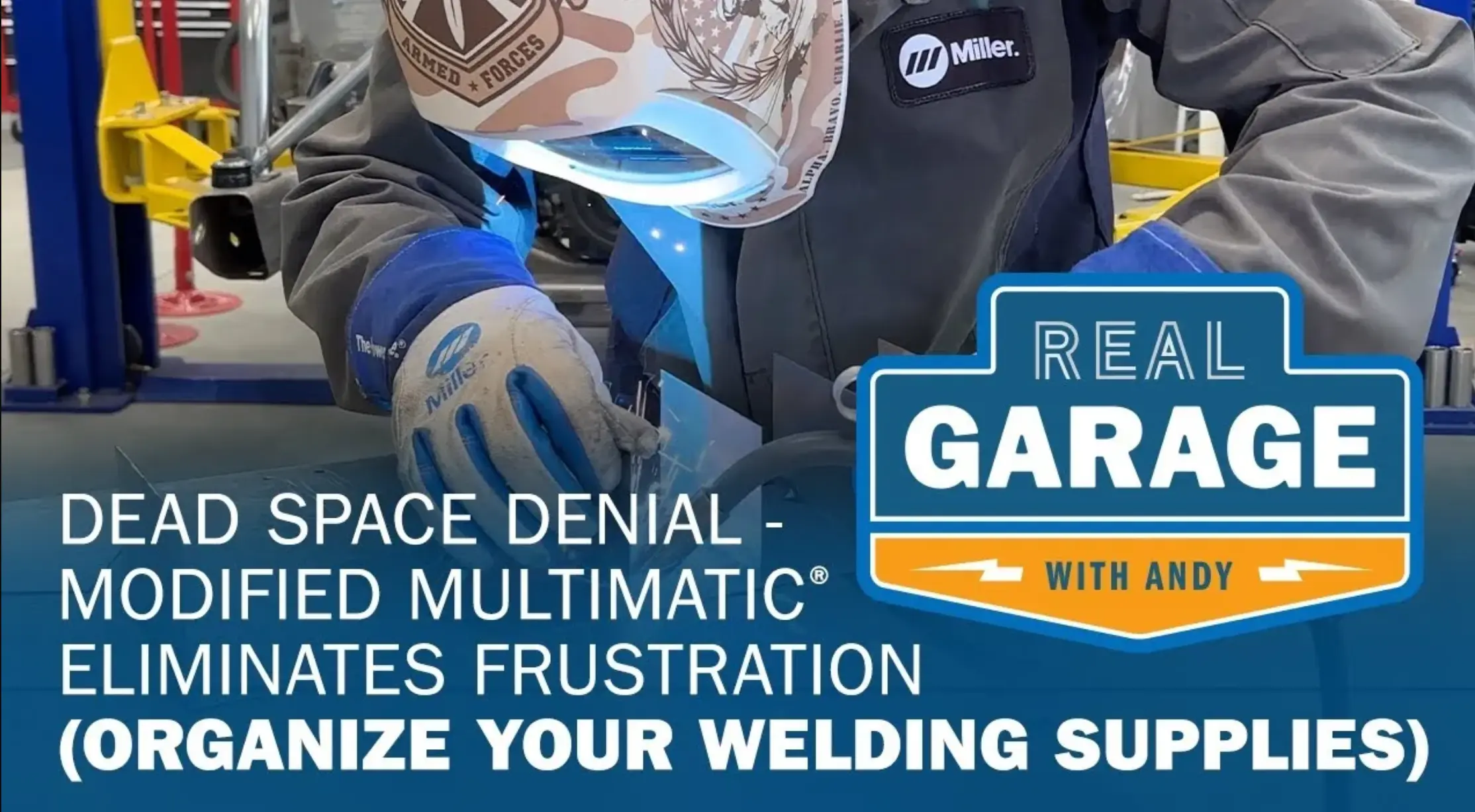 A welder wearing protective gear and gloves is working with tools. Text overlays include promotional information about welding.