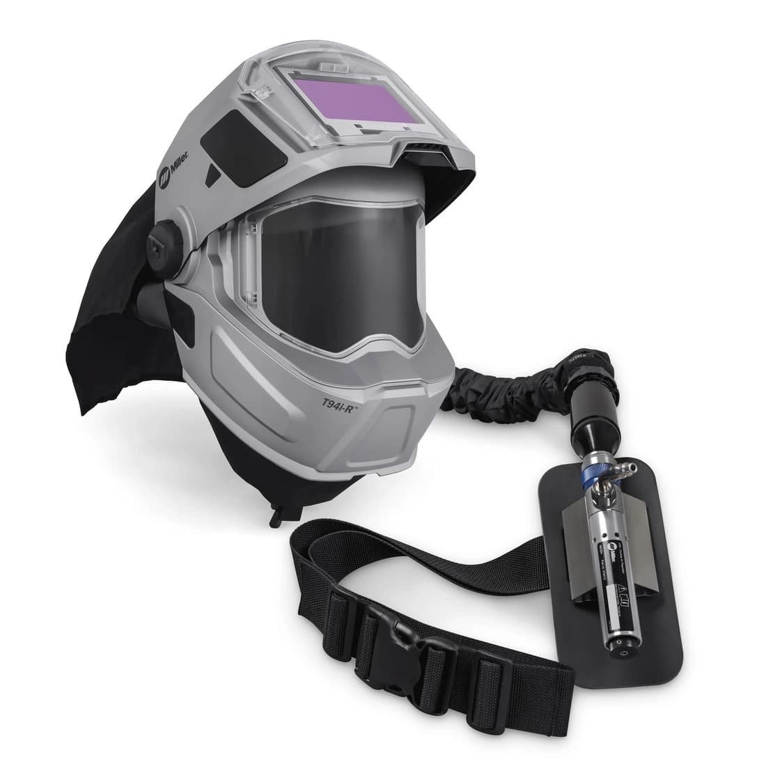 A protective welding helmet with attached air regulator and belt apparatus, designed for industrial use.