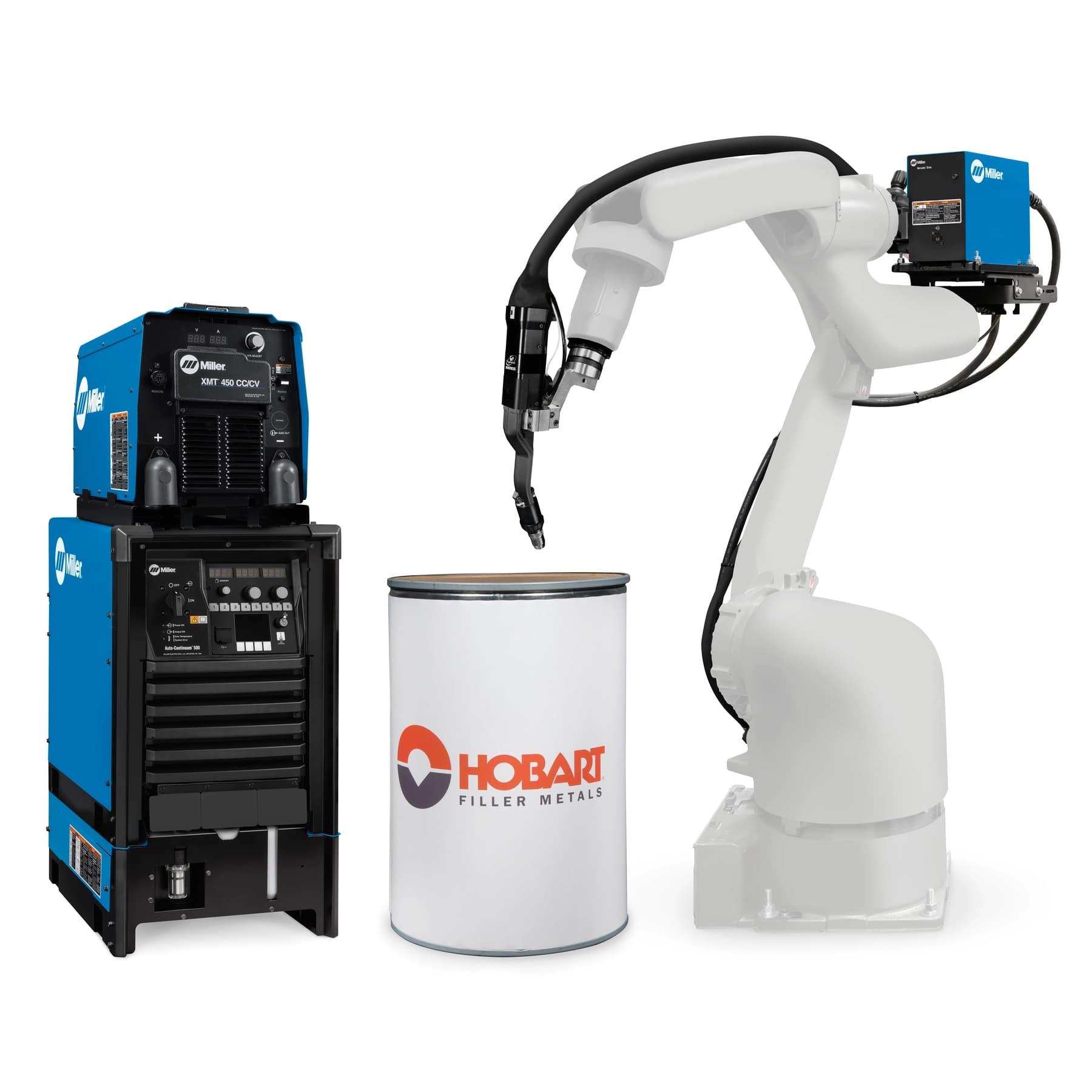 A robotic welding system with a Miller welding machine and Hobart filler metal drum.